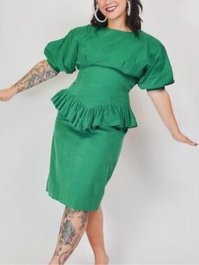 1980 80s Vintage corduroy Emerald Green Peplum Midi Dress